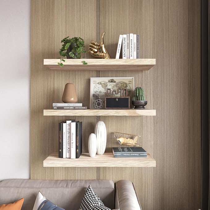 Floating Shelves 24 Inch Wall Shelf Solid Wood Mounted Storage for Bedroom Living Room Set of 3, Rustic Torched Wall Shelves