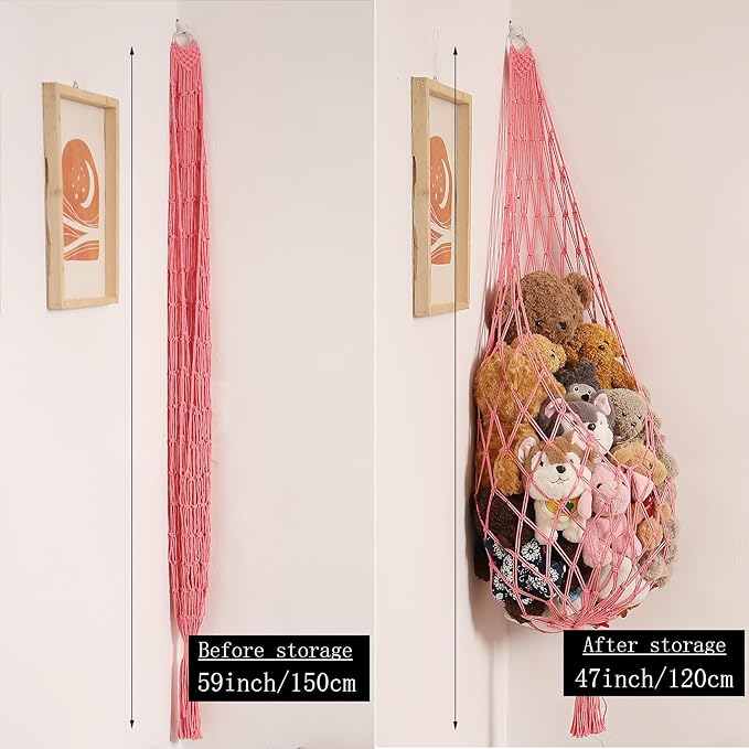 Stuffed Animal Net or Hammock Corner Hanging Net for Stuffy Animal Storage Macrame Toy Display Plush Toy Holder Wall Pet Net for Nursery Kid Bedroom Decor Playroom Organizer (Pink)
