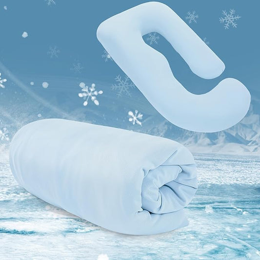 Cooling Pregnancy Pillow Cover (ONLY Pillowcase), Q-Max 0.4 U Shaped Luxurious Smooth Maternity Pillow Cover with Hidden Zip, Cool Large Pillow Protector for Side Hot Sleeper, Blue, 58x32 in