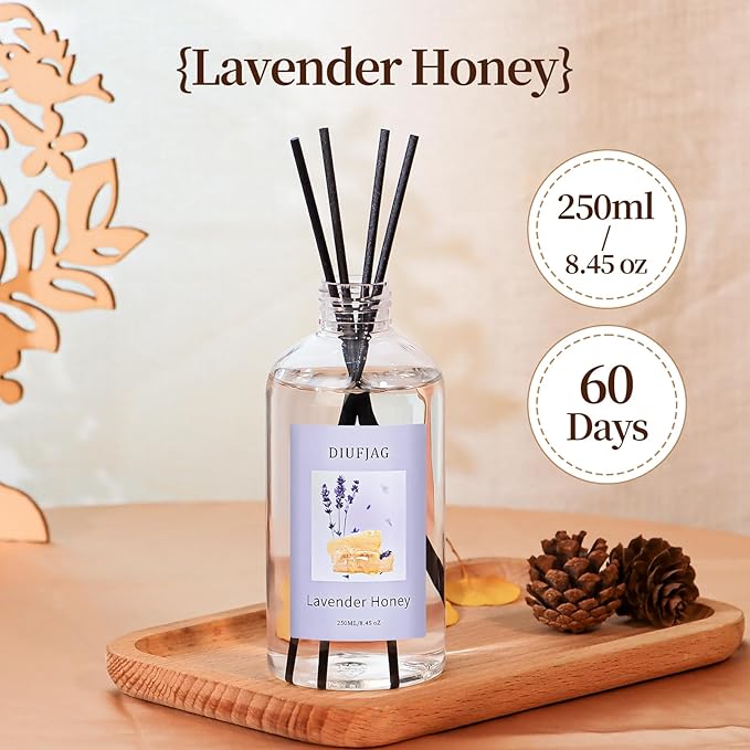 Lavender Honey Diffuser with 20 Black Fiber Sticks, 200ml (6.7 oz) Diffusers for Home Essentials Bathroom,Last up to 60 Days