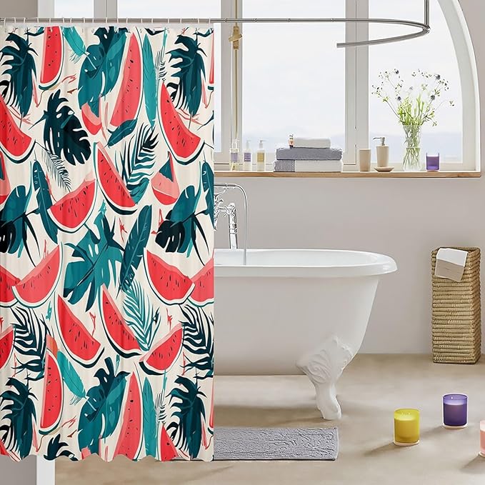 Feelyou Tropical Leaves Shower Curtain Watermelon Fabric Shower Curtain for Kids Boys Girls Colour Bathroom Waterproof Accessories with 12 Hooks Green Leaf Curtains,72x84 Inches