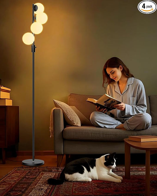64IN Dimmable Black Floor Lamp, Tall Standing Lamps with 4 Globe Soft Warm White Eye Care 3000K G9 Bulbs, Mid Century Modern Floor Lamp for Bedroom Office
