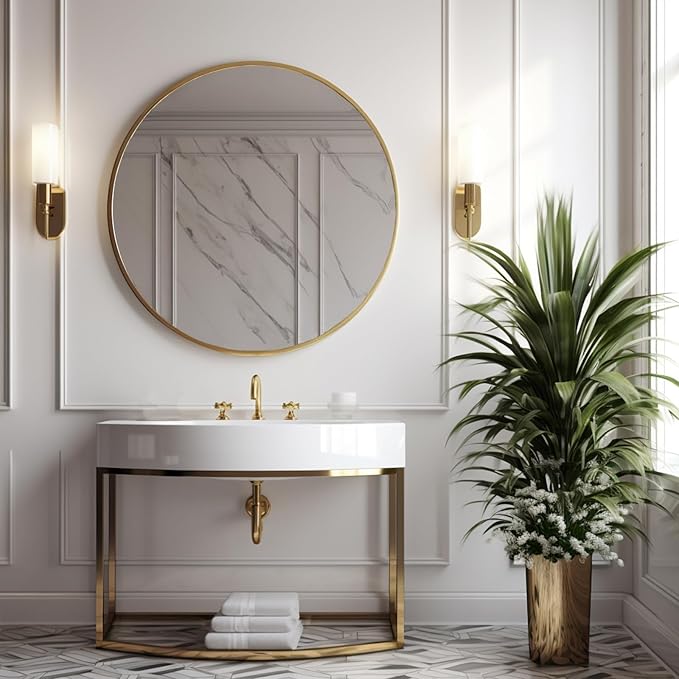 Round Gold Mirror, 28 inch Round Mirror, Circle Bathroom Mirrors Metal Frame, Wall Mounted Circle Mirrors for Bathroom, Living Room, Hallway, Farmhouse.