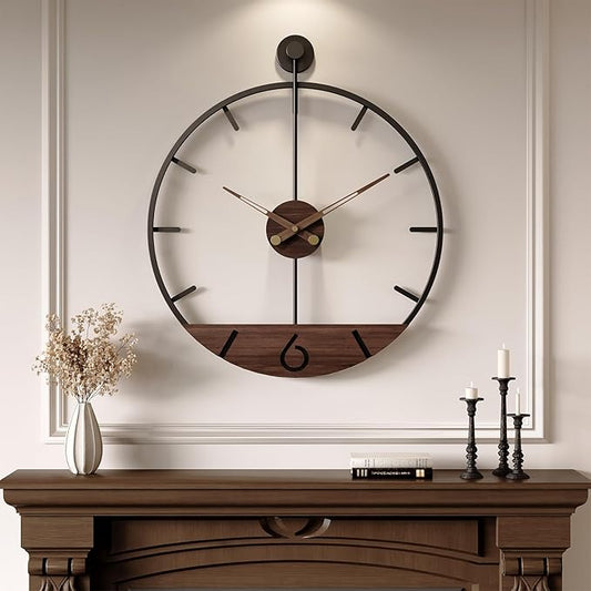 30 Inch Large Wall Clock for Living Room Decor, Walnut Wood Dial with Metal Frame, Silent Non Ticking Wall Clock Battery Operated for Kitchen, Office, or Bedroom
