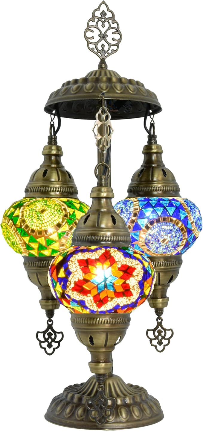 Mozaiist Anatolian Star Turkish Mosaic Glass Table Lamp, Metal Base, 3 Globe