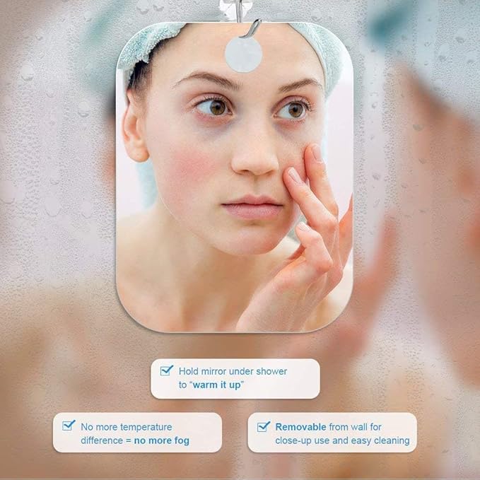 XoYo-Large Fogless Shower Mirror （11inX7.48in）, Includes 1 Adhesive Hooks, Anit-Fog Shower Mirror, Shower Makeup Shave Mirror, Frameless Shower Mirror, Wall Hanging Mirror (Large, 1 Pack)