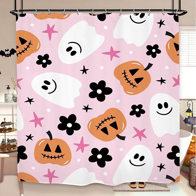 Halloween Pink Ghost Shower Curtain 60Wx72L Inch Pumpkin Cute Girls Horror Scary Spooky Cartoon Lovely Bathroom Set Accessories Decor with 12 Pack Hooks