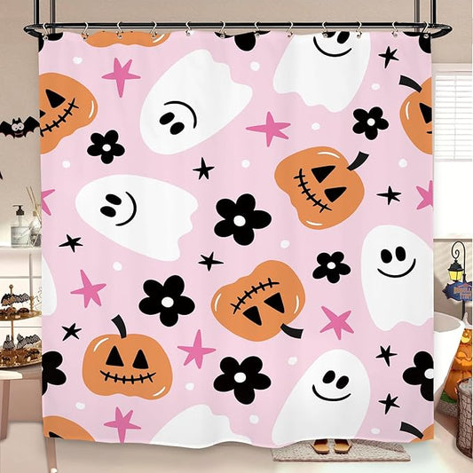Halloween Pink Ghost Shower Curtain 60Wx72L Inch Pumpkin Cute Girls Horror Scary Spooky Cartoon Lovely Bathroom Set Accessories Decor with 12 Pack Hooks