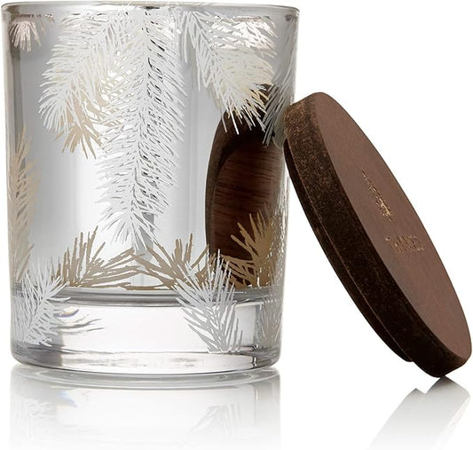 Thymes Frasier Fir Candles - Statement Collection - Silver with Pine Needle Design - Scented Candles for Home Decor - Notes of Siberian Fir Needles, Cedarwood & Sandalwood - Petite (5 oz)