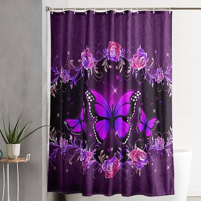 AILONEN Girls Butterfly Shower Curtain for Bathroom, Purple Rose Floral Butterfly Bathroom Curtain,Flying Butterfly Bath Curtain 72" W*78" H Polyester Waterproof Bathroom Curtain with 12 Hooks