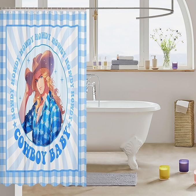 Manfei Western Cowboy Kids Shower Curtains,Cowboy Hat Rustic Farmhouse Bathroom Curtains for Boys Men,Geometric Grids Patchwork Stylish Blue Cartoon Waterproof Curtains,12 Hooks Suits,72" W x 78" L