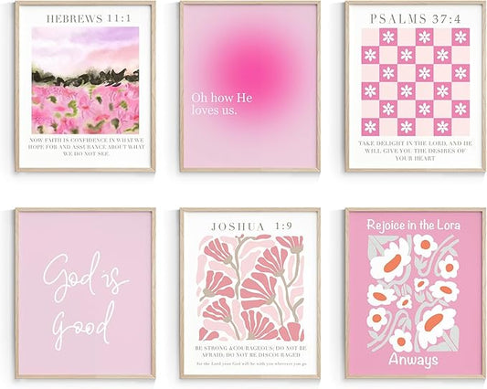 Habseligkeit Unframed Pink Gradient Room Decor, Pink Flower Wall Art Prints, Posters for Girls Dorm Aesthtic, Danish Pastel Wall Decor 11x14in, Set of 6