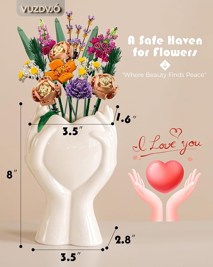 8 inch Tall Hand Heart Flower Vase - Cute Unique Ceramic Small White Vases Home Decor for Pampas Grass Bouquet Plant Tulip Floral - Living Room Coffee Table,Shelf,Dining Table Decor,Mom Gifts (White)