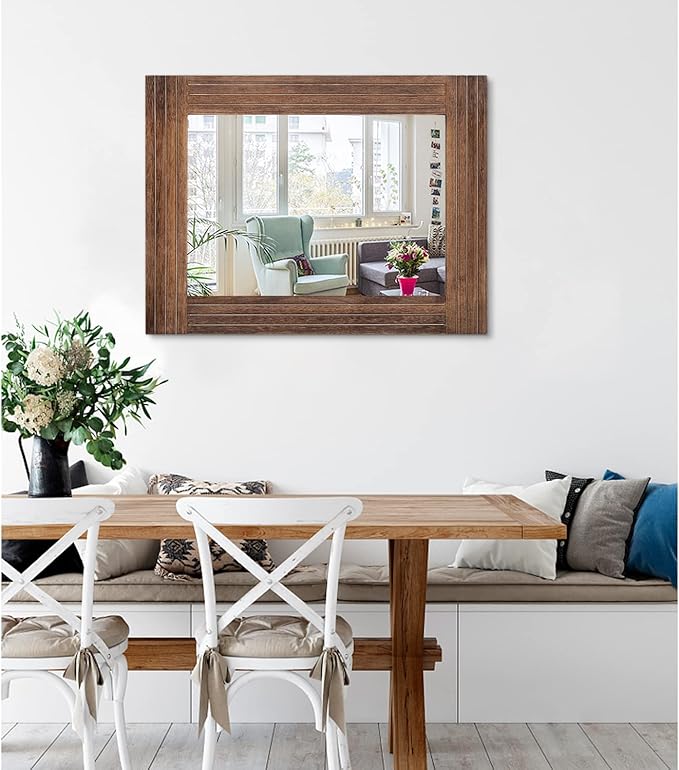 Rustic Mirror Wooden Rectangular Antique Wall Mirror Frame Decor Farmhouse Bedroom Dresser Bedroom Entryway Mirror Large Brown 26"x18"