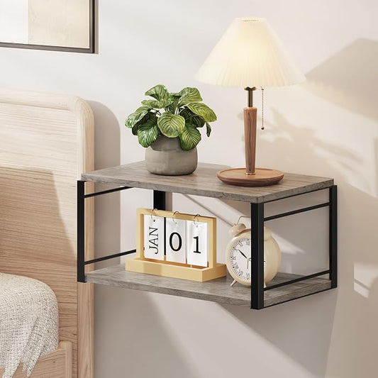 Floating Nightstand, Wood Bedside Shelf Wall Mounted Nightstand, Floating Bedside Table for Bedroom, Living Room, Bathroom, Kitchen, Office (Vintage Gray)
