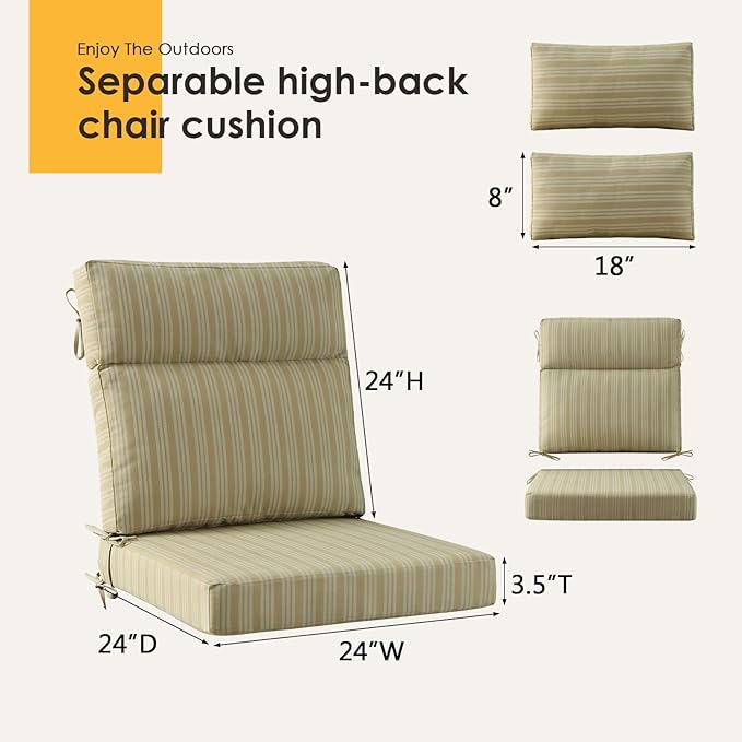 Outdoor High Back Chair Cushion, 2 Pack 48 x 24 inches Patio Chair Cushions Water Repellent Rocking Cushions Indoor Furniture Seat Pad with 2 Pillows, Beige Brown Stripe