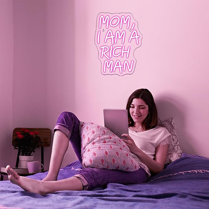 LUCUNSTAR Mom I Am A Rich Man Neon Sign,Neon Signs for Wall Decor,Pink Neon Sign,Neon Light for Wall,Led Signs Decor,USB Connectivity Led Neon Signs for Home Wall,Boys Room Decor,Man Cave Decor