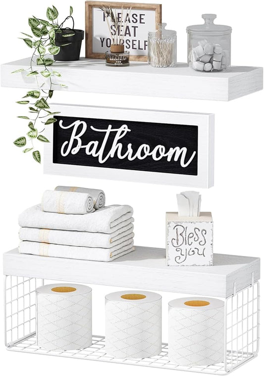 QEEIG ‎Bathroom Shelves Over Toilet - Paper Storage Wall Mounted Farmhouse Decor Decorations Aesthetic Décor Sign Small Floating Shelf 2+1 Set 16 inch, White (020WW)