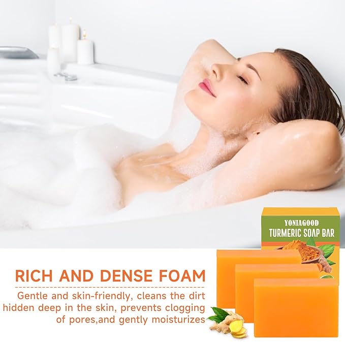 3 PCS Turmeric Soap Bar, Organic Turmeric Bar Soap for Face & Body Cleansing, Handmade Bath Soap Deeply Cleanse Smooth Skin Moisturizing Soothing, For All Skin Types, Men and Women