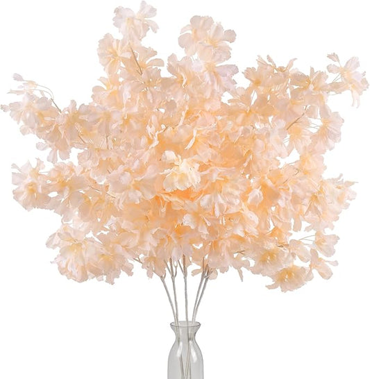 Pusuny Artificial Faux Cherry Blossom Branches Decor, 35 Inch for Tall Floor Vase Used as Wedding Home Decoration, Fake Flowers for Dinner Table Centrepiece, Champagne, 5PCS