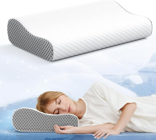 Contoured Neck Pillow Memory Foam - Dual Use Cervical Neck Pillow for Sleeping - Soft Bed Pillow for Neck and Shoulder Pain - Ergonomic Side Sleeper Cervical Pillows (Grey White)