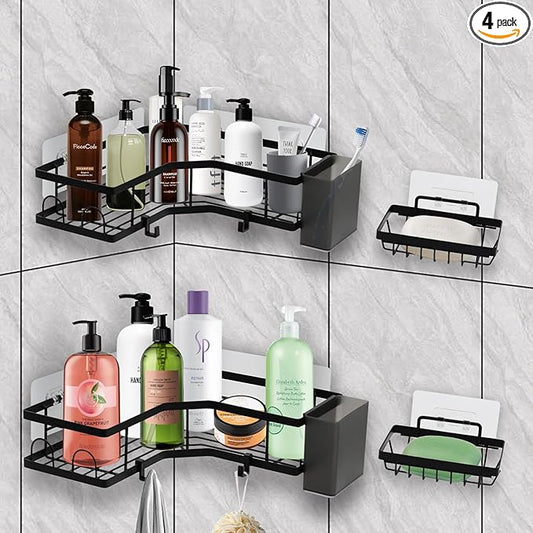 Adhesive Corner Shower Caddy, 2 Packs Shower Organizer Shelves No Drilling Stainless Steel Shower Storage Rack with Hooks & 2pcs Toothpaste Holders for Bathroom Rustproof, Space Saving (Black 6pcs)
