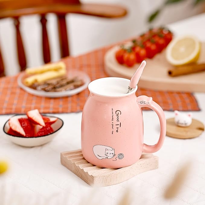 SHENDONG Cute Cat Mug - Novelty Mug for Cat Lovers, Kawaii Kitty Lid & Spoon, Japanese Style Pink, 15OZ