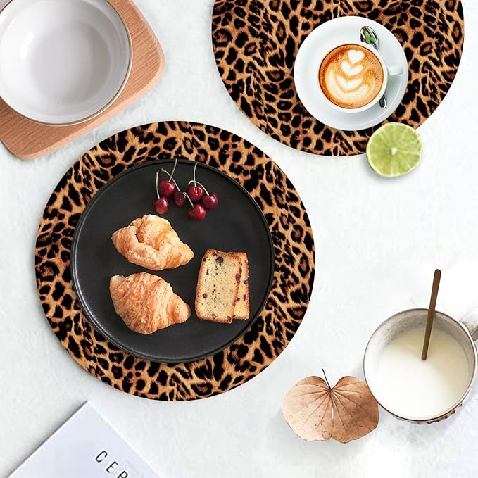 Round Leather Placemats Set of 4 PU Waterproof Non-Slip Washable Heat Resistant Place Mat for Kitchen Dining Table - Leopard