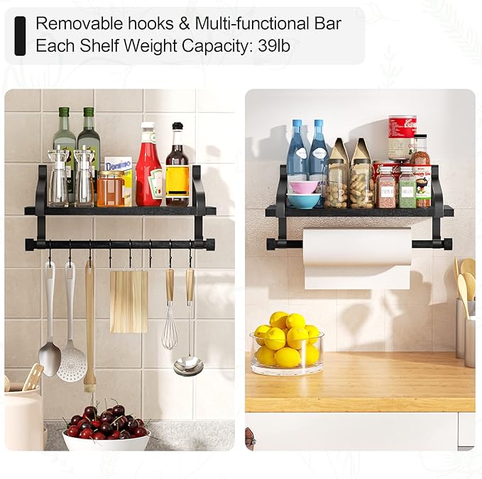 Love-KANKEI Floating Shelves for Coffee Bar,Bathroom Shelves with Towel Bar, Wall Shelves with 8 Hooks for Kitchen, Storage Shelf Set of 2 for Bedroom,Living Room，17.3 Inch Black