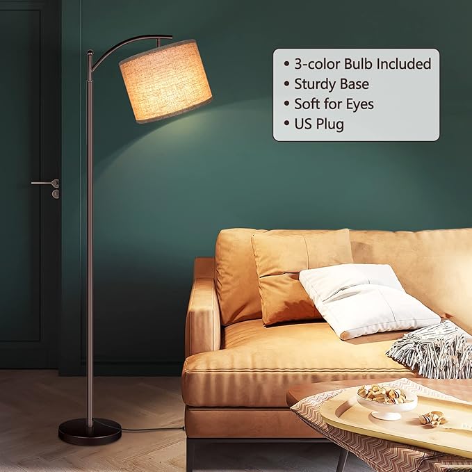 Rottogoon Floor Lamp for Living Room, LED Standing Lamp Tall Industrial Floor Lamp Reading for Bedroom, Office (9W LED Bulb, Beige Lampshade Included) -Oil-Rubbed Bronze