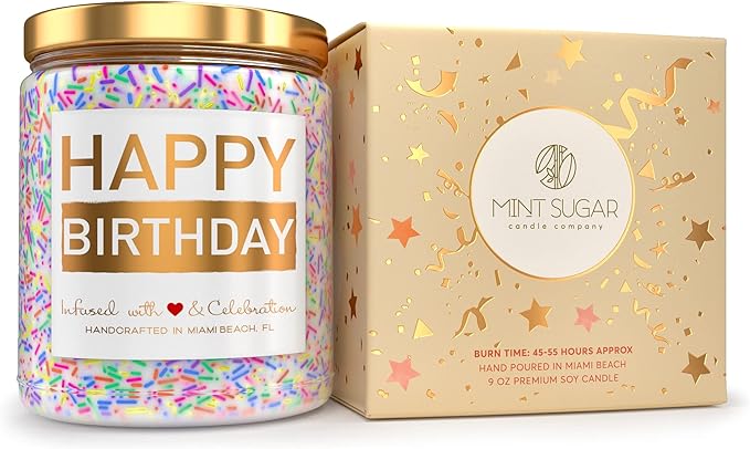 Happy Birthday Candle - Vanilla Birthday Cake Scent with Sprinkles Cute Birthday Gifts for Women Ideas, Made in USA, 9 oz - Cool Unique Bday Gift for Her, Best Friend, Men