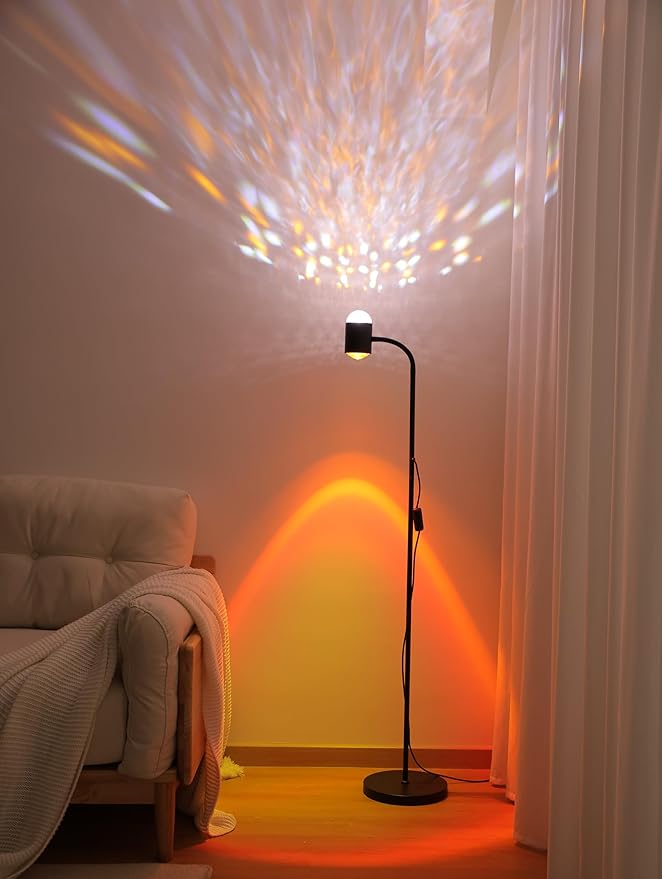 Sunset projection floor lamp with 3D waves, dual head sunset lamp with creative DIY mode, multiple colors and interchangeable background mode, 360 ° rotating atmosphere, sunset mood floor light