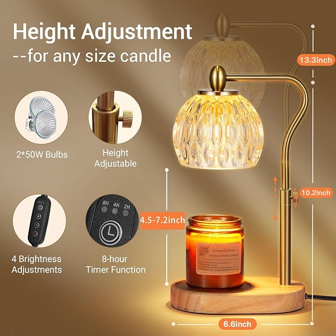 Candle Warmer, Candle Warmer Lamp with Timer & Dimmer Height Adjustable for All Size Scented Candles, with 2 * 50W Bulbs for Home Decor Mothers Day(Gold)