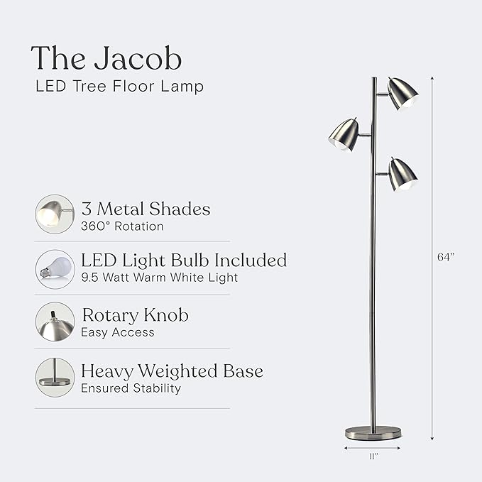 Brightech Jacob LED Standing Lamp, Modern Bright Floor Lamps for Living Rooms & Bedrooms, Tall LED Lighting Lamp with Adjustable 3 Light Tree – Satin Nickel
