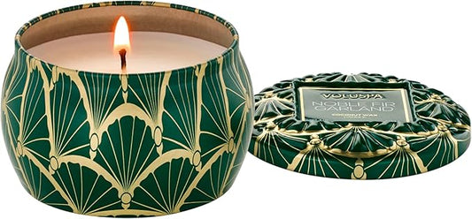 Voluspa Noble Fir Garland, Mini Tin Candle, 4 oz, 25 Hour Burn Time, Coconut Wax Candle for The Home, Handcrafted in The USA