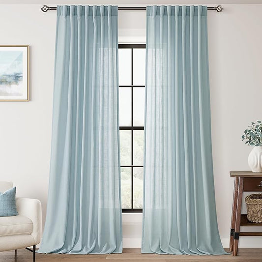 Sky Blue Curtains 90 inch Length for Bedroom Back Tab Light Filtering Semi Sheer Blue Living Room Curtains Linen Cotton Textured Drapery Panel Aesthetic Decor Light Blue 52x90