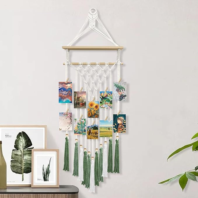 Macrame Wall Hanging Bohemian Photo Display Holder with Wooden Shelf Tassels Decorative LED Light Strings Hooks 20 Clips Boho Art Picture Card Hangers Handmade Tapestry Romantic Gift - Green