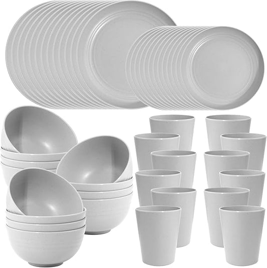 LIYH 48 Pcs Wheat Straw Dinnerware Set,Plates and Bowls Set,Camping Dish Set for 12, Plastic Dinnerware Set,Dishwasher Safe Dinnerware Set, Unbreakable Plates,Camping Dish Sets (Light Grey)