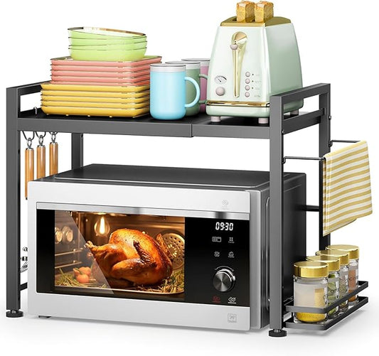 DOLALIKE Microwave Oven Rack, Expandable Microwave Stand Countertop Kitchen Utensils Tableware Storage, Carbon Steel Over Microwave Shelf Countertop with 6 Hooks