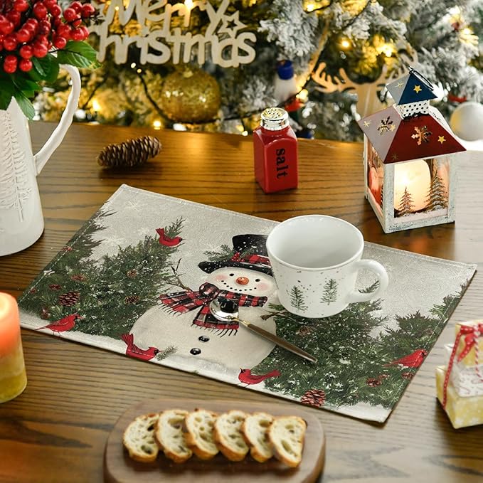 Artoid Mode Snowman Birds Trees Christmas Placemats Set of 8, 12x18 Inch Seasonal Grey Winter Holiday Table Mats for Party Kitchen Dining Decoration