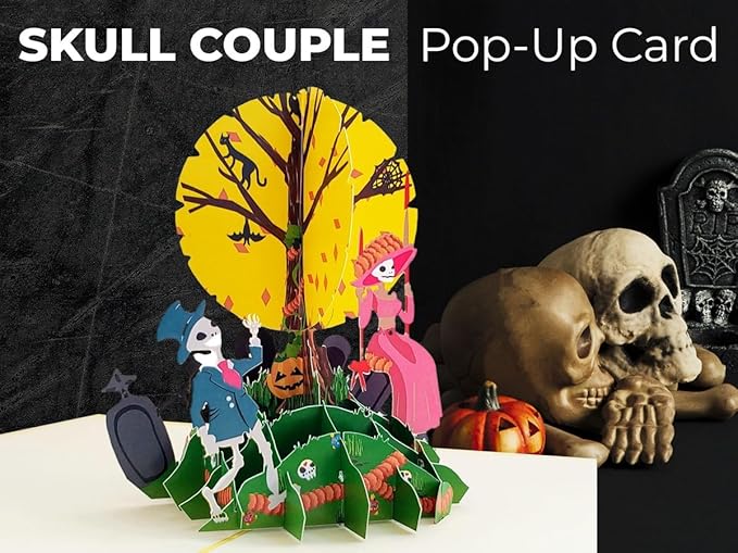 iGifts And Cards Día de los Muertos Pop-Up Card – 3D Skeleton Couple Under Full Moon – Handmade Greeting for Day of the Dead, Halloween, Altar Offering, or Remembrance