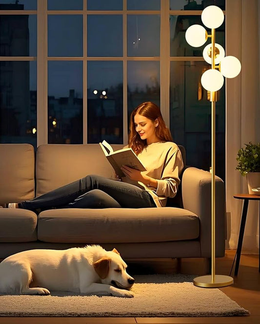 Dimmable Gold Floor Lamp, 64IN Tall Standing Lamps with 5 Globe Soft Warm White Eye Care 3000K G9 Bulbs, Mid Century Modern Floor Lamp for Living Room Bedroom Office