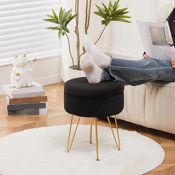 Cplxroc Footrest Footstools Round Faux Fur Ottoman with Storage Space Soft Vanity Chair Seat Coffee Table Ottoman Small Side Table Metal Legs with Adjustable Footings (Black)