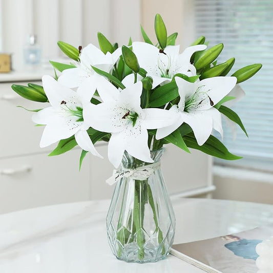 Hananona 8 Pcs Artificial Tiger Lily Real Touch Easter Lily Fake Spring Flowers for Wedding Home Party Easter Decoration Plastic Cemetery Faux Flowers (White, 8)