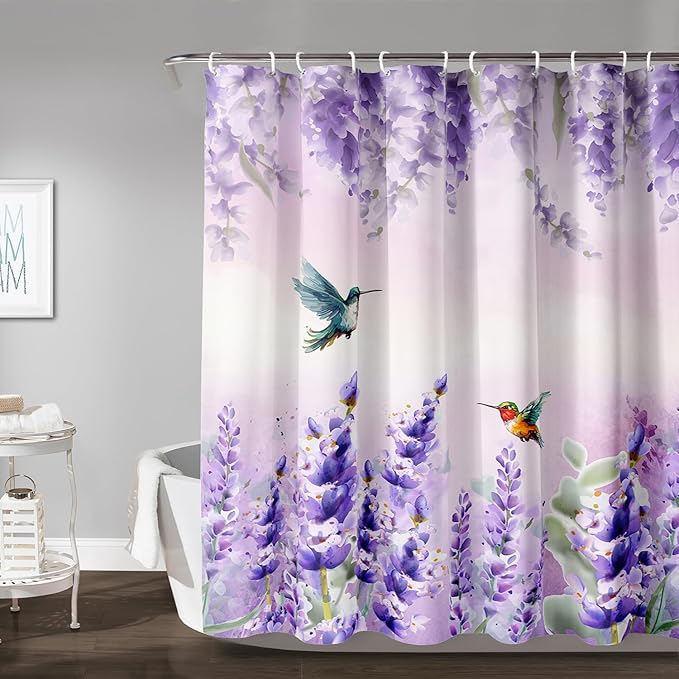 AILONEN Waterproof Floral Shower Curtain for Bathroom,Purple Wisteria Lavender Flowers Shower Curtain,Botanical Floral Decor Bathroom Polyester with Grommets and Hooks 72" W*72" H