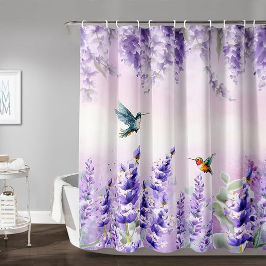 AILONEN Waterproof Floral Shower Curtain for Bathroom,Purple Wisteria Lavender Flowers Shower Curtain,Botanical Floral Decor Bathroom Polyester with Grommets and Hooks 72" W*78" H