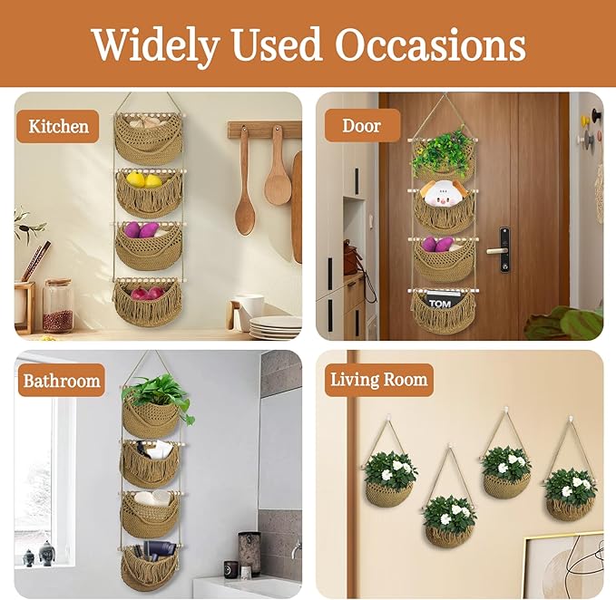 4 Tier Hanging Fruit Basket for Kitchen, 4 Pack Detachable Cotton Crocheted Wall Hanging Baskets Shelf Over Door Organizer for Fruit Veggie Plant, Hanging Storage Basket for Bathroom Bedroom(Brown)
