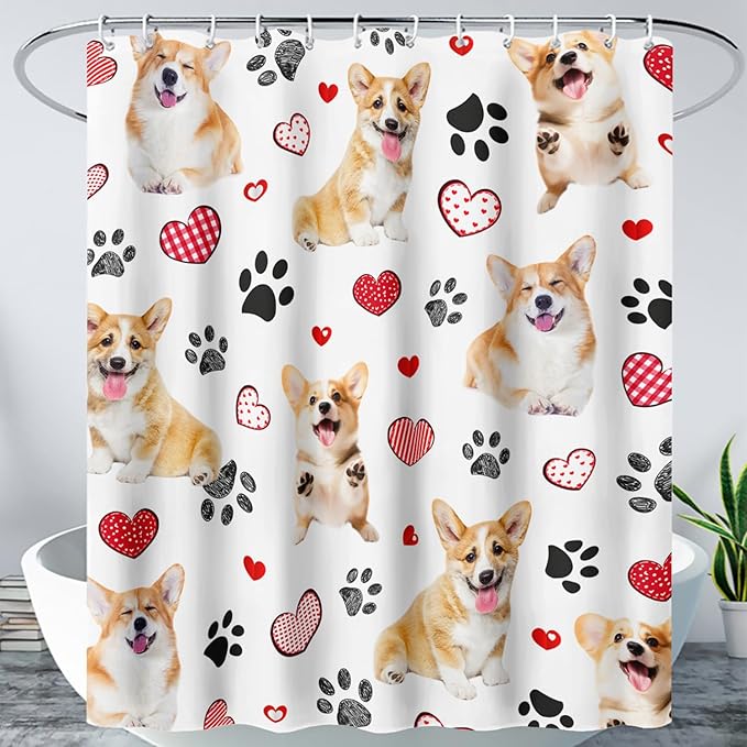AILONEN Puppy Dog Shower Curtain for Bathroom,Cute Corgi Waterproof Bath Curtain,Pet Dog Kids Girls Dog Lover Curtain with 12 Plastic Hooks(60" W*72" H)
