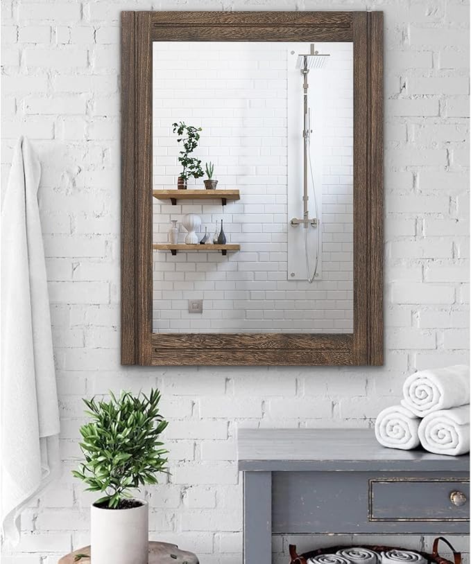 AAZZKANG Rustic Wood Mirror Rectangle Decorative Wall Hanging Mirrors with Frame Large 26"x18" for Bedroom Living Room Bathroom Home Entryway