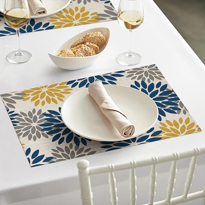 Artoid Mode Floral Vinyl Placemats Set of 6, Heat Resistant Washable Non-Slip Plistic PVC Place Mats for Party Kitchen Dining Decor, Blue Yellow